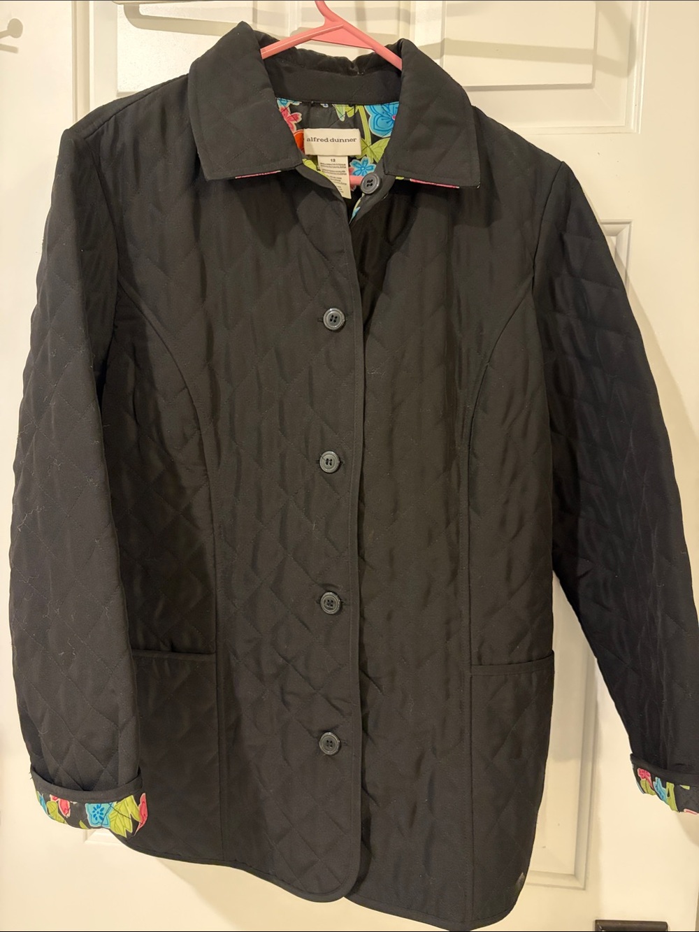 Alfred Dunner Black Quilted Button-Up Coat with Floral Trim